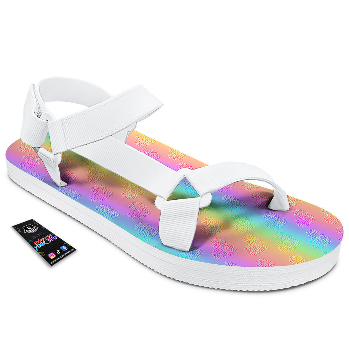 Hearts Rainbow Leopard Print Pattern White Open Toe Sandals-grizzshop