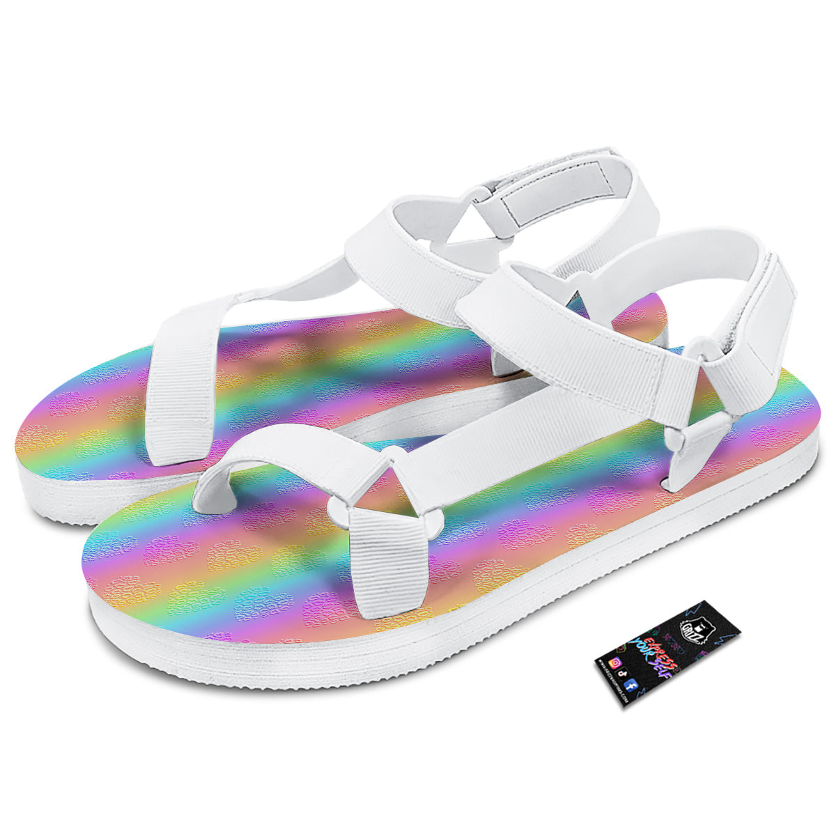 Hearts Rainbow Leopard Print Pattern White Open Toe Sandals-grizzshop