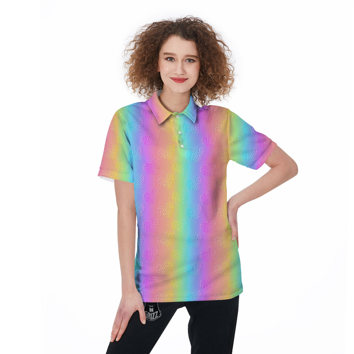 Hearts Rainbow Leopard Print Pattern Women's Golf Shirts-grizzshop