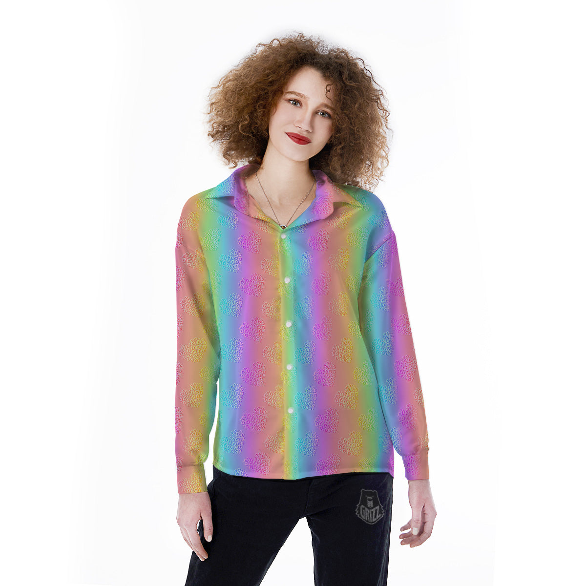 Hearts Rainbow Leopard Print Pattern Women's Long Sleeve Shirts-grizzshop