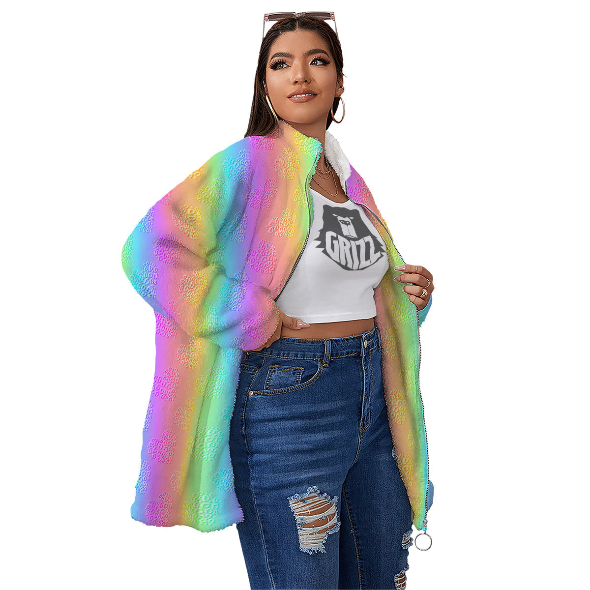 Hearts Rainbow Leopard Print Pattern Women's Sherpa Jacket-grizzshop