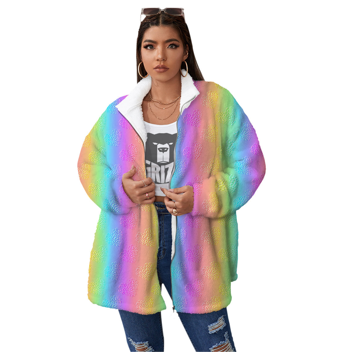 Hearts Rainbow Leopard Print Pattern Women's Sherpa Jacket-grizzshop