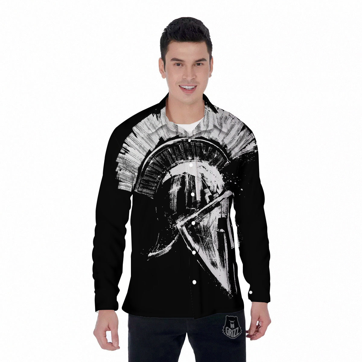 Helmet Ancient Spartan Print Men's Long Sleeve Shirts-grizzshop