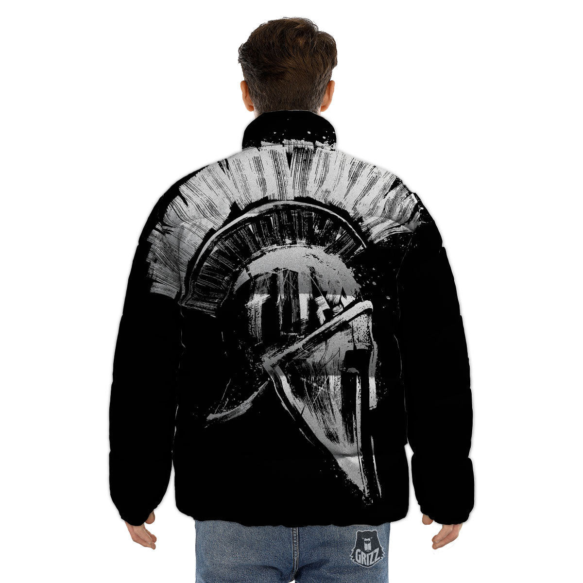 Helmet Ancient Spartan Print Puffer Jacket-grizzshop