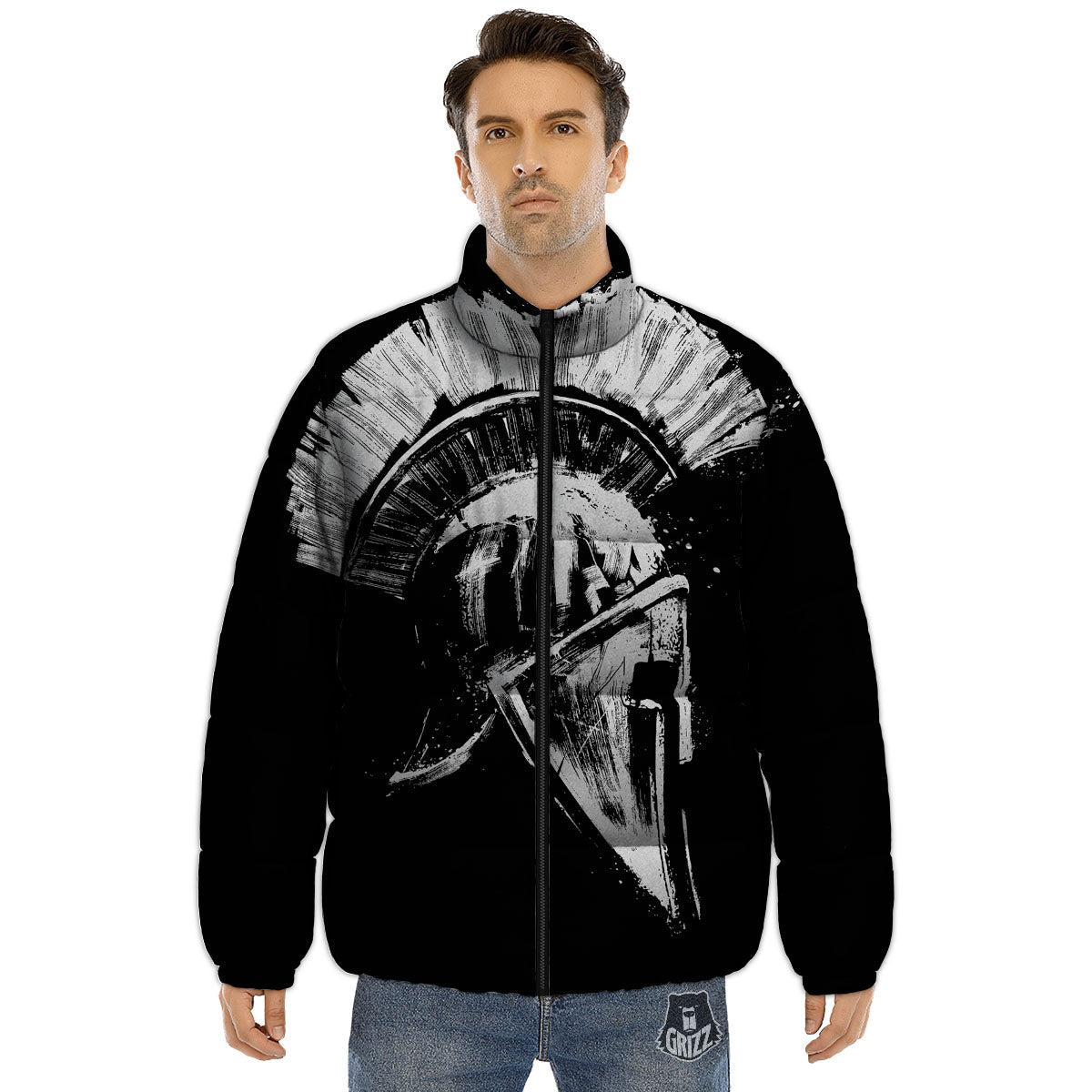 Helmet Ancient Spartan Print Puffer Jacket-grizzshop
