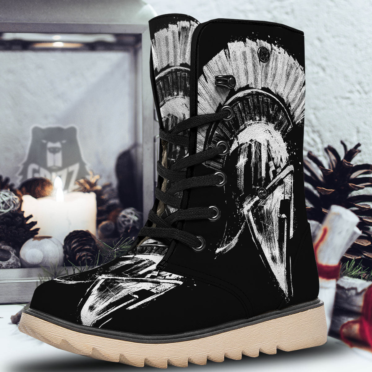 Helmet Ancient Spartan Print Snow Boots-grizzshop