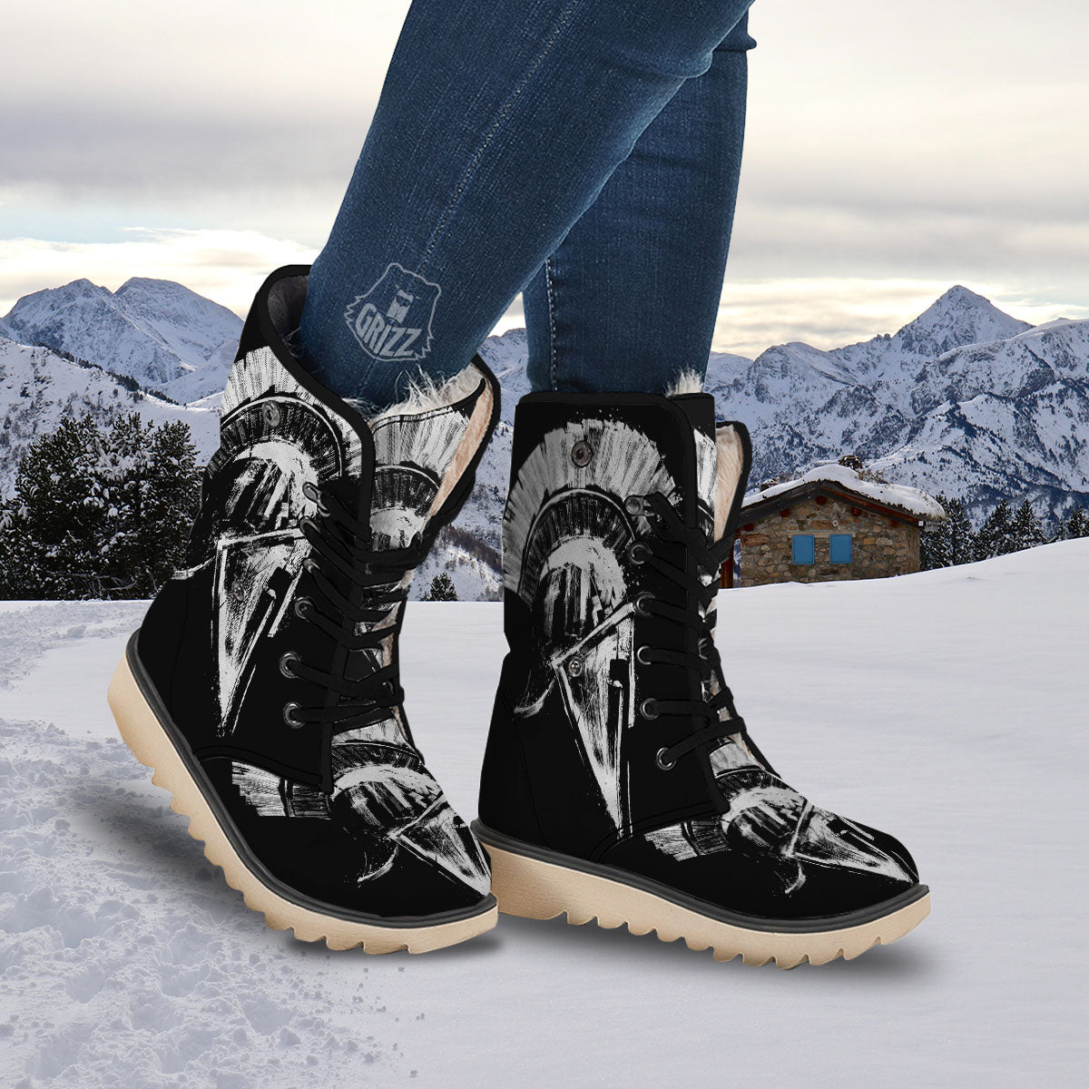Helmet Ancient Spartan Print Snow Boots-grizzshop
