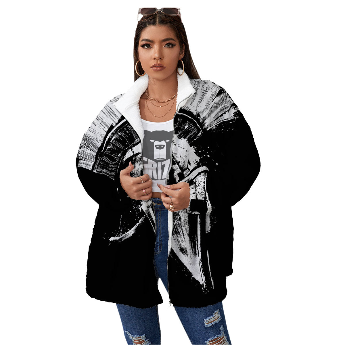 Helmet Ancient Spartan Print Women's Sherpa Jacket-grizzshop