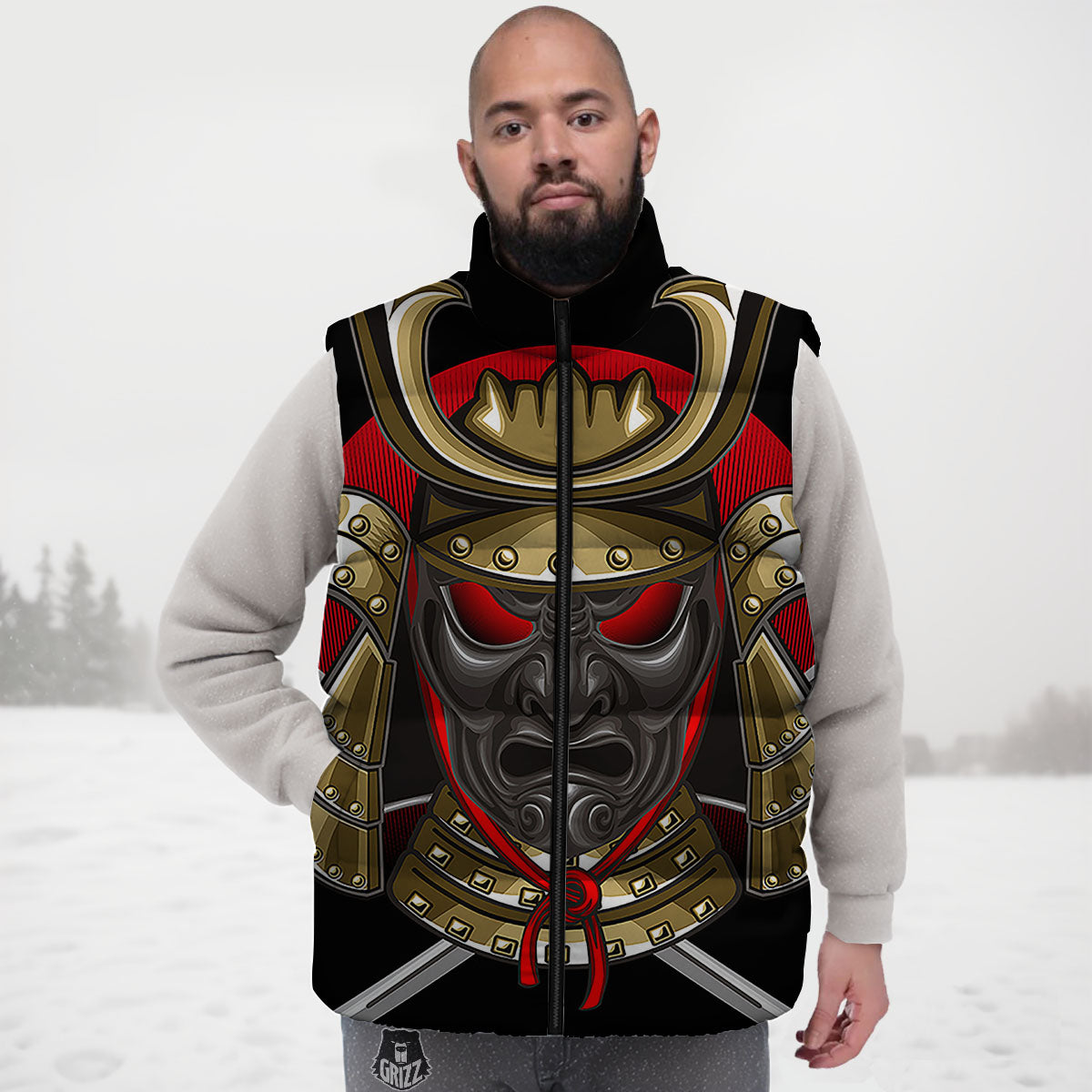 Helmet Japanese Samurai Print Down Vest