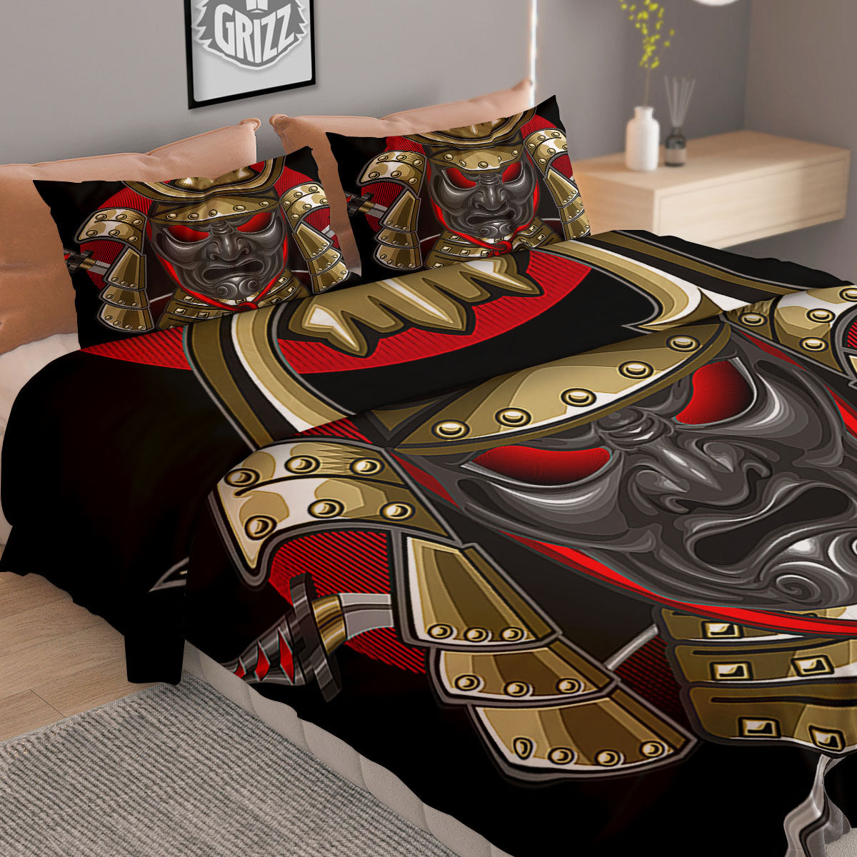 Helmet Japanese Samurai Print Duvet Cover Bedding Set