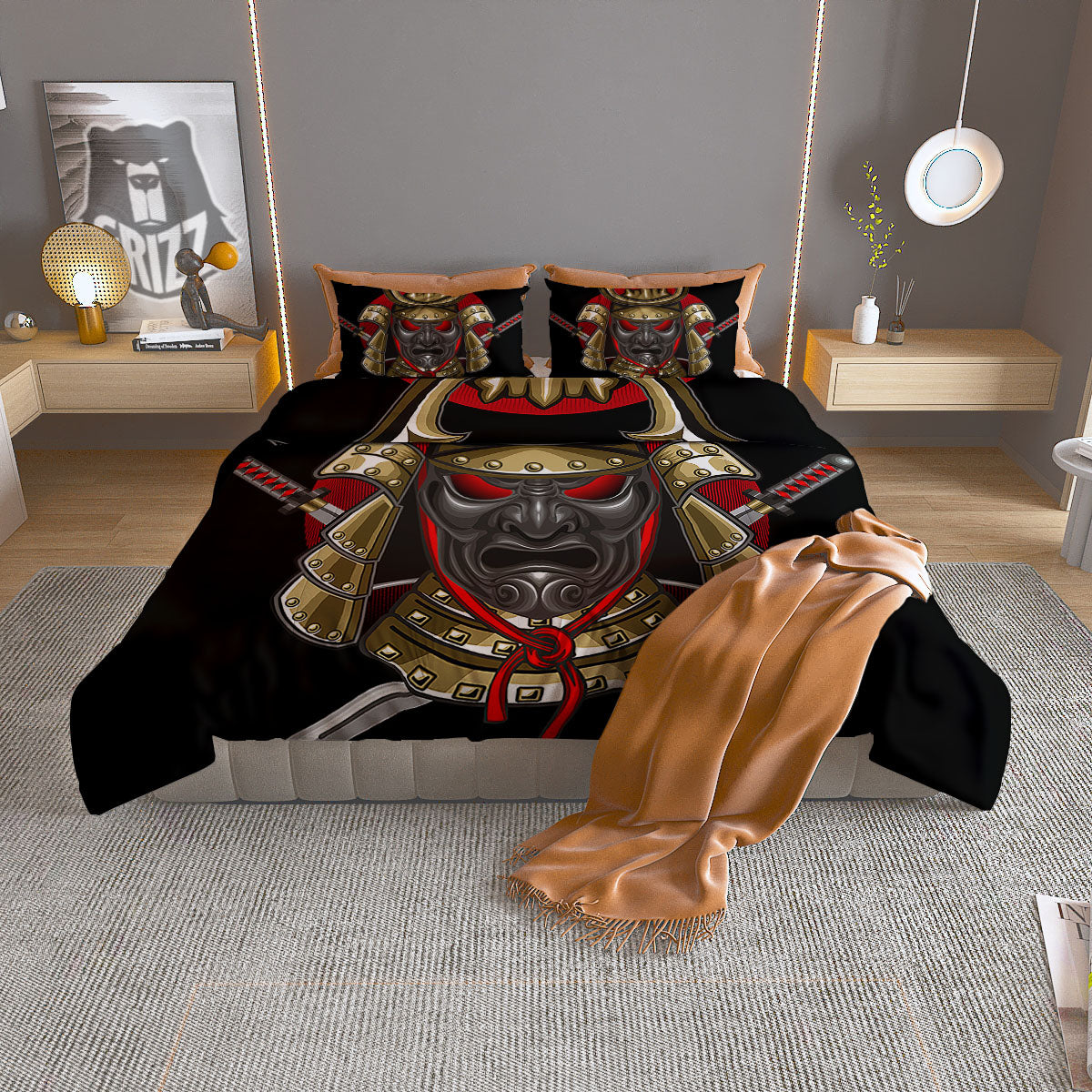 Helmet Japanese Samurai Print Duvet Cover Bedding Set