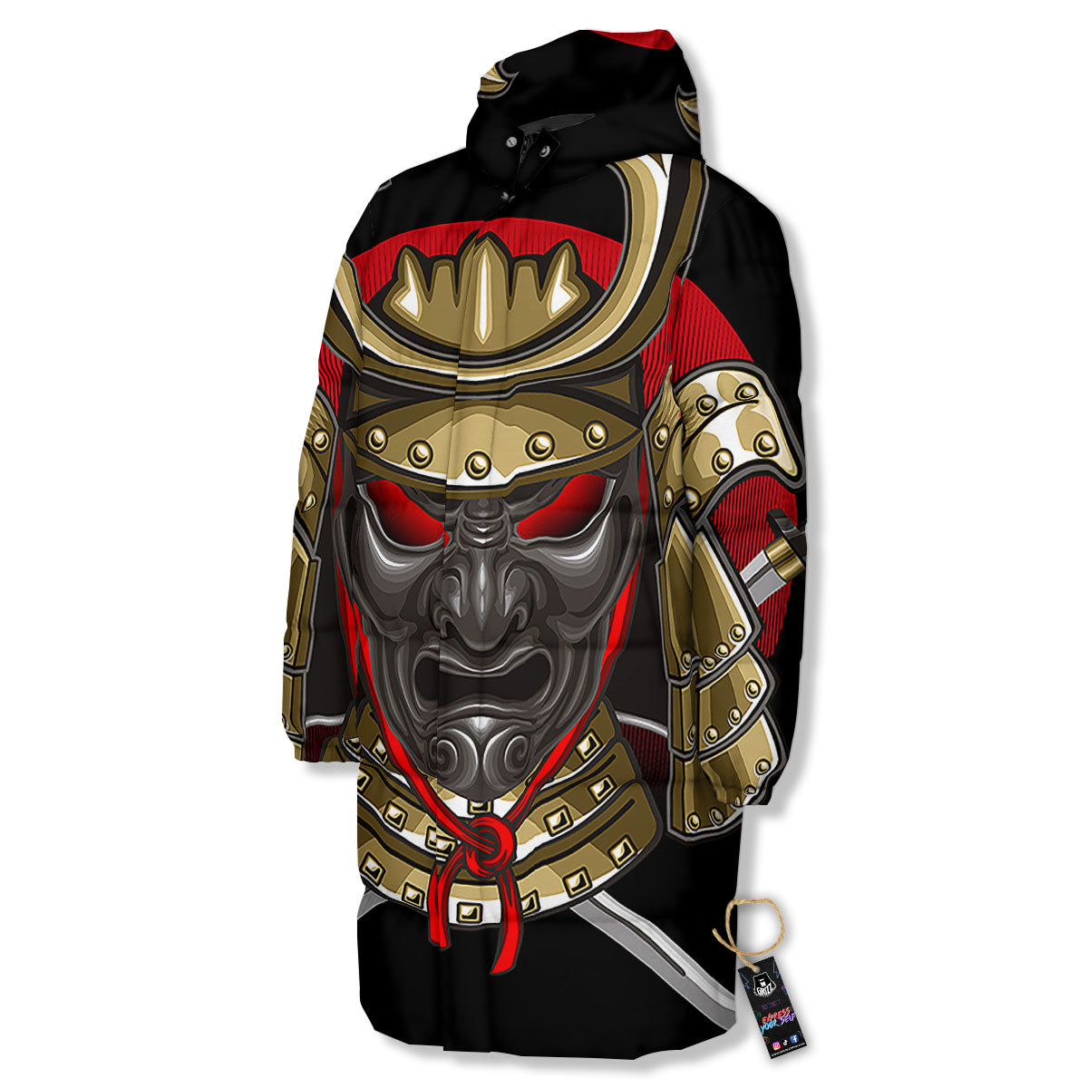 Helmet Japanese Samurai Print Long Down Jacket-grizzshop