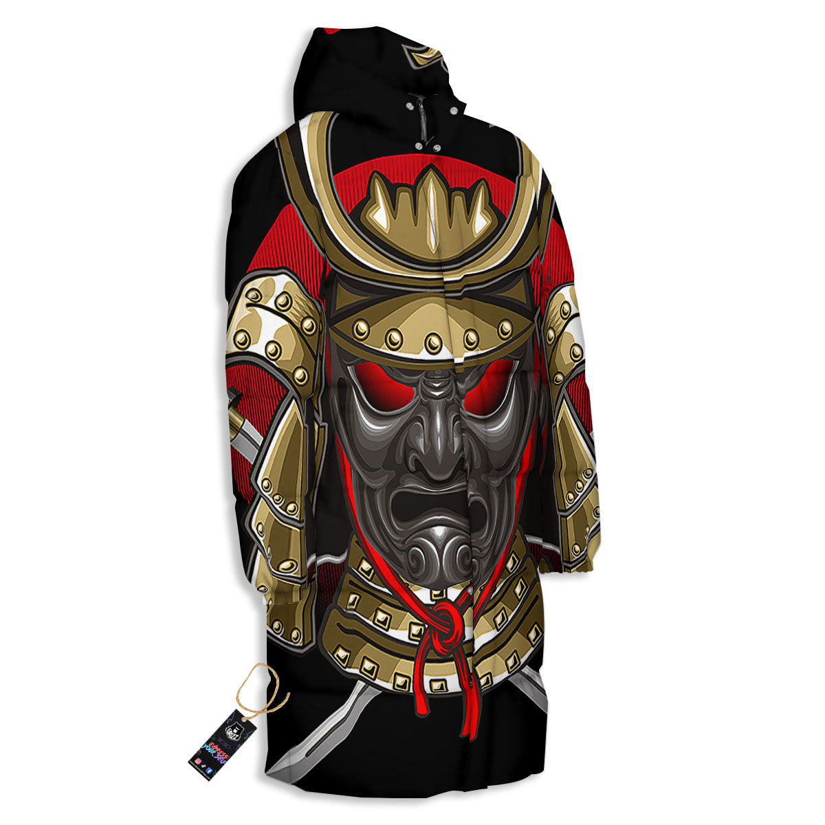 Helmet Japanese Samurai Print Long Down Jacket-grizzshop