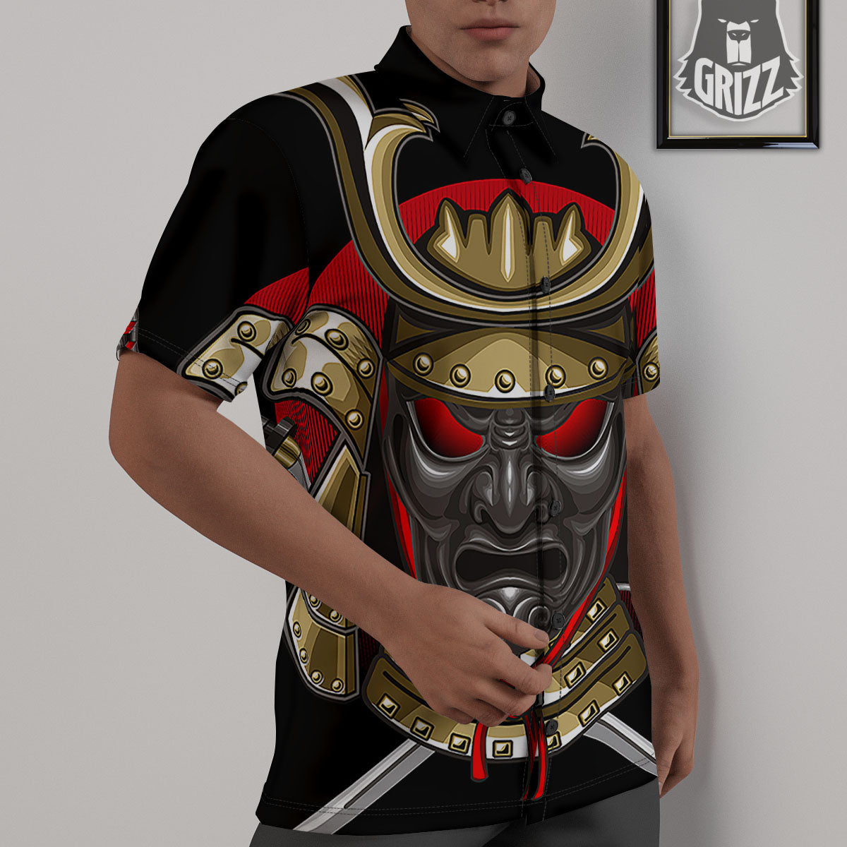 Helmet Japanese Samurai Print Untucked Shirts-grizzshop