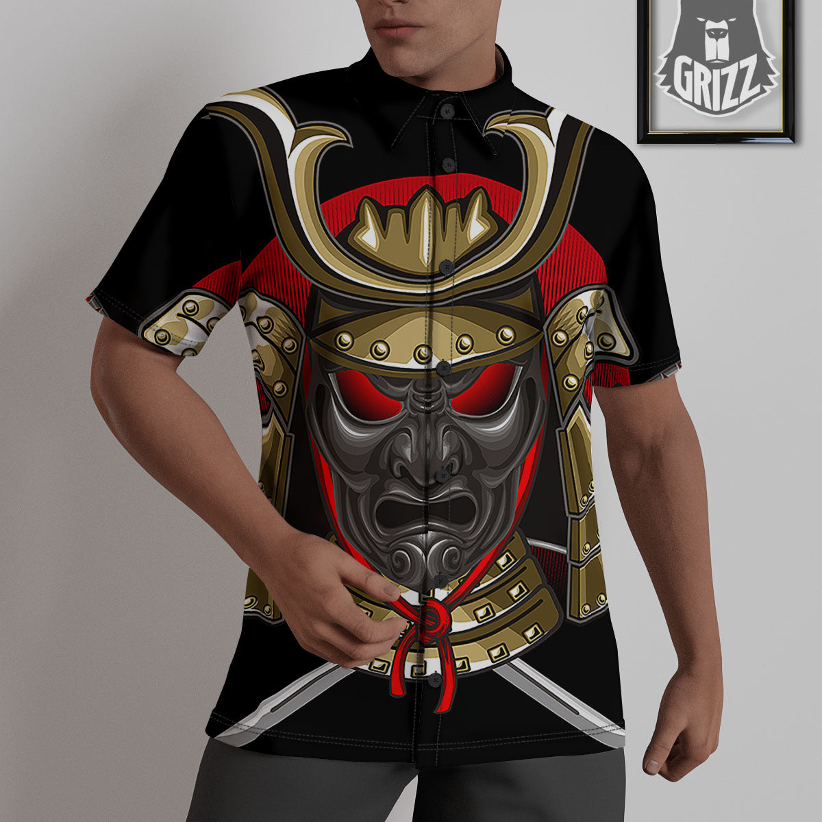 Helmet Japanese Samurai Print Untucked Shirts-grizzshop
