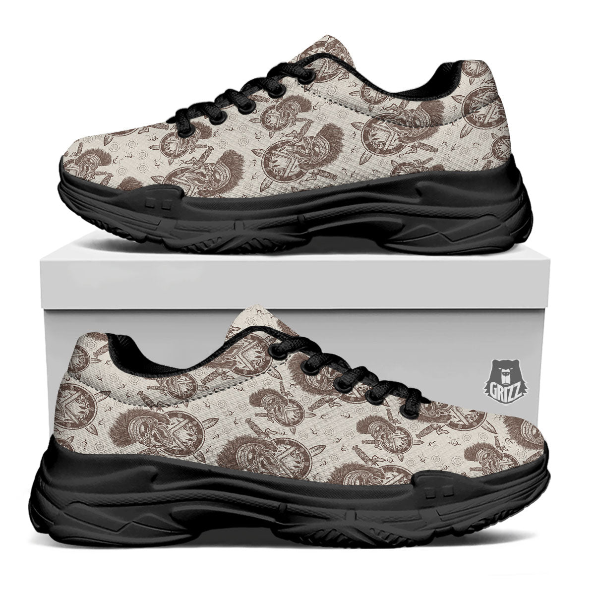 Helmet Spartan Warrior Print Pattern Black Chunky Shoes-grizzshop
