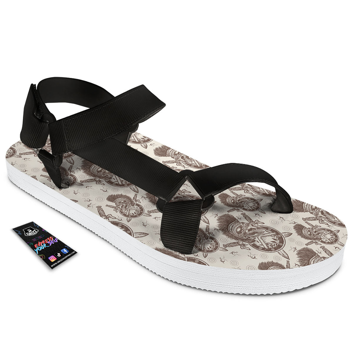 Helmet Spartan Warrior Print Pattern Black Open Toe Sandals-grizzshop