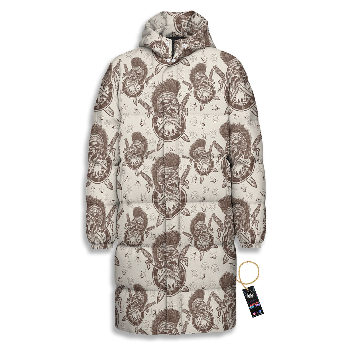 Helmet Spartan Warrior Print Pattern Long Down Jacket-grizzshop