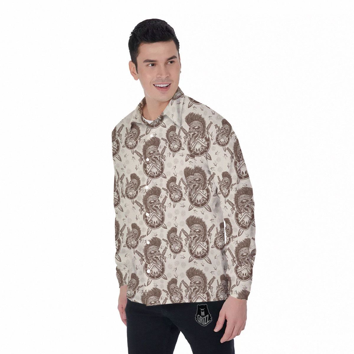 Helmet Spartan Warrior Print Pattern Men's Long Sleeve Shirts-grizzshop