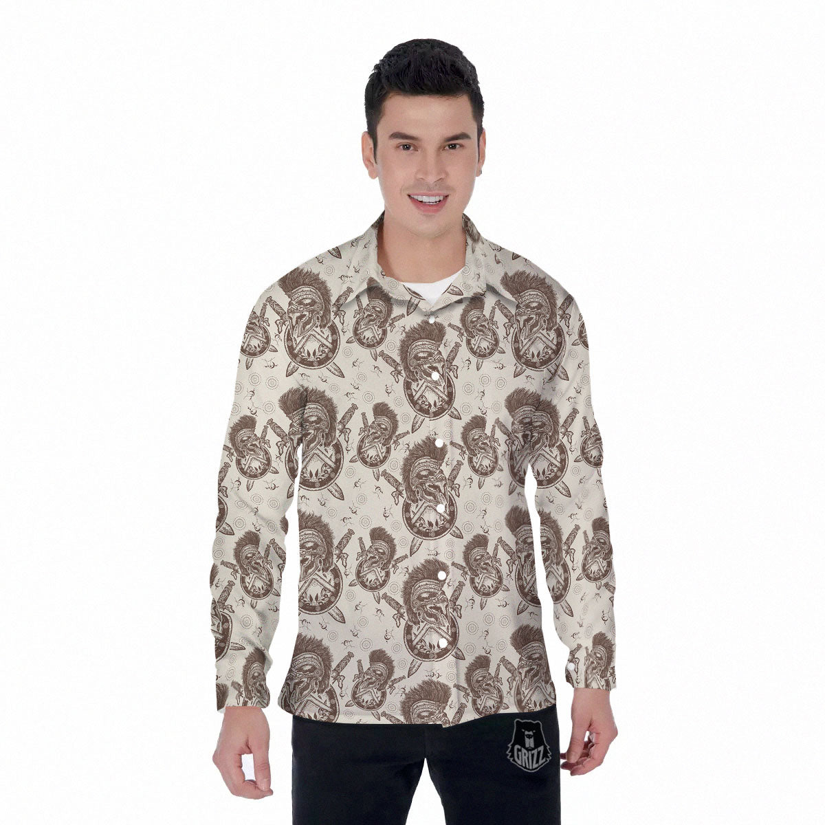 Helmet Spartan Warrior Print Pattern Men's Long Sleeve Shirts-grizzshop