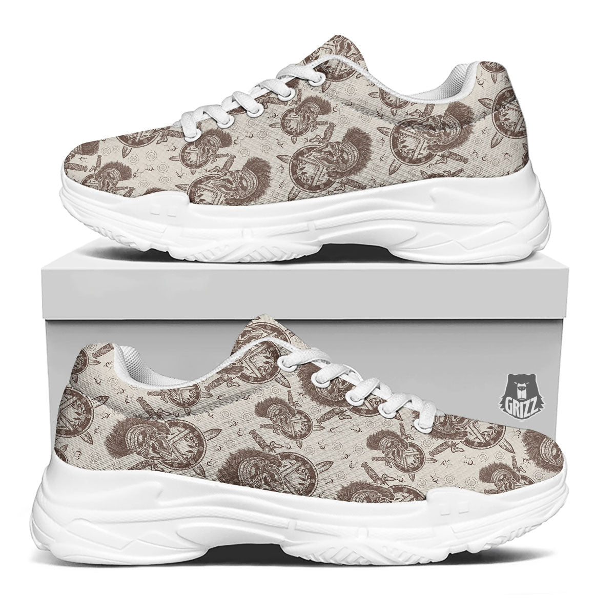 Helmet Spartan Warrior Print Pattern White Chunky Shoes-grizzshop