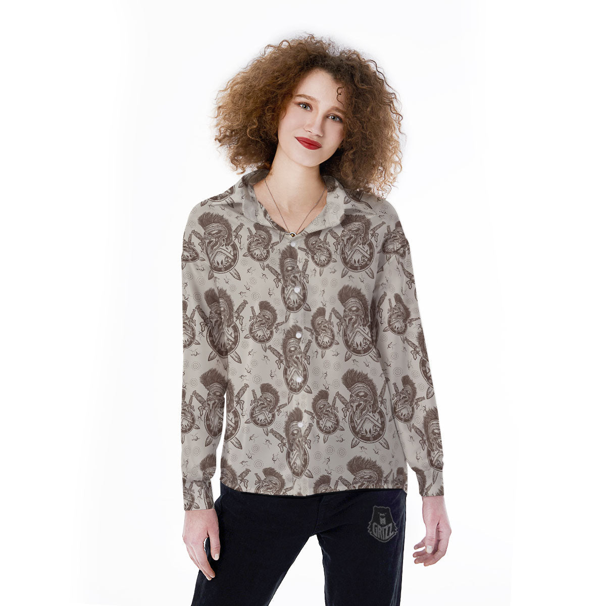 Helmet Spartan Warrior Print Pattern Women's Long Sleeve Shirts-grizzshop