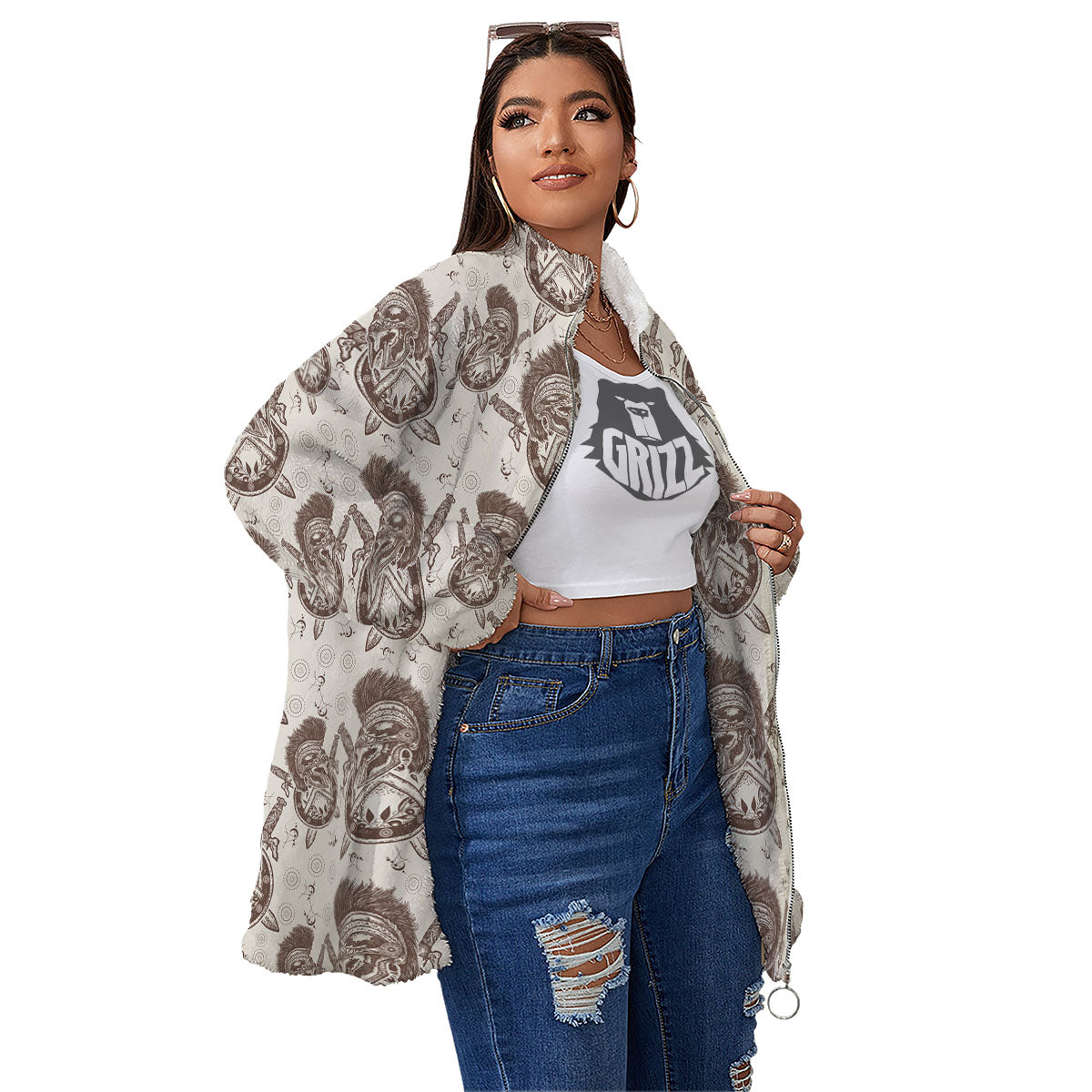 Helmet Spartan Warrior Print Pattern Women's Sherpa Jacket-grizzshop