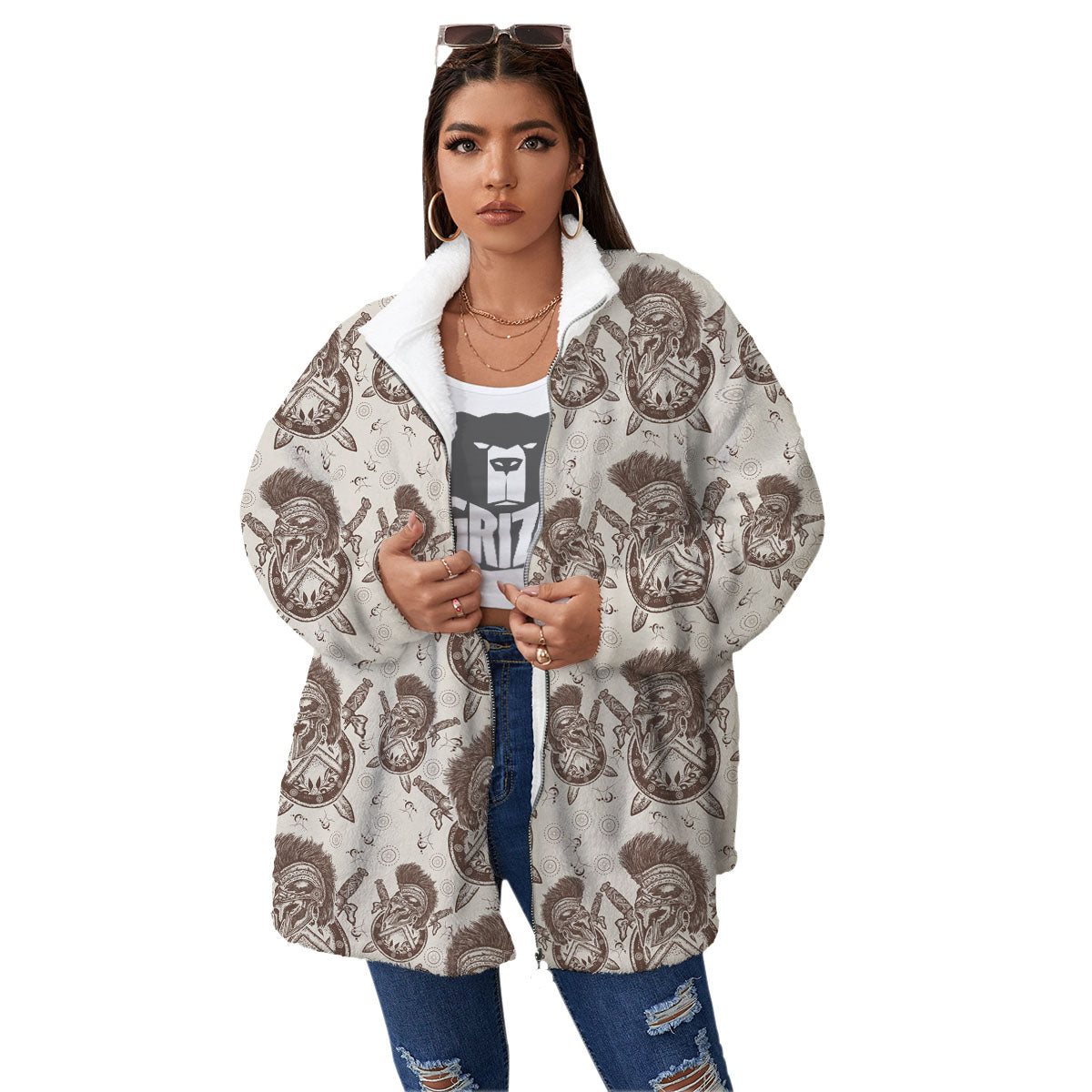 Helmet Spartan Warrior Print Pattern Women's Sherpa Jacket-grizzshop