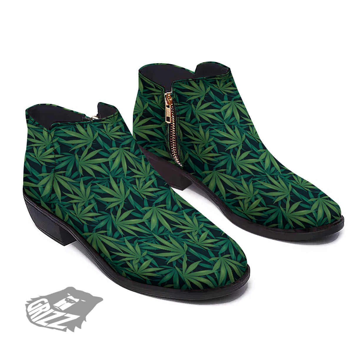 Hemp Dark Green Print Pattern Ankle Boots-grizzshop