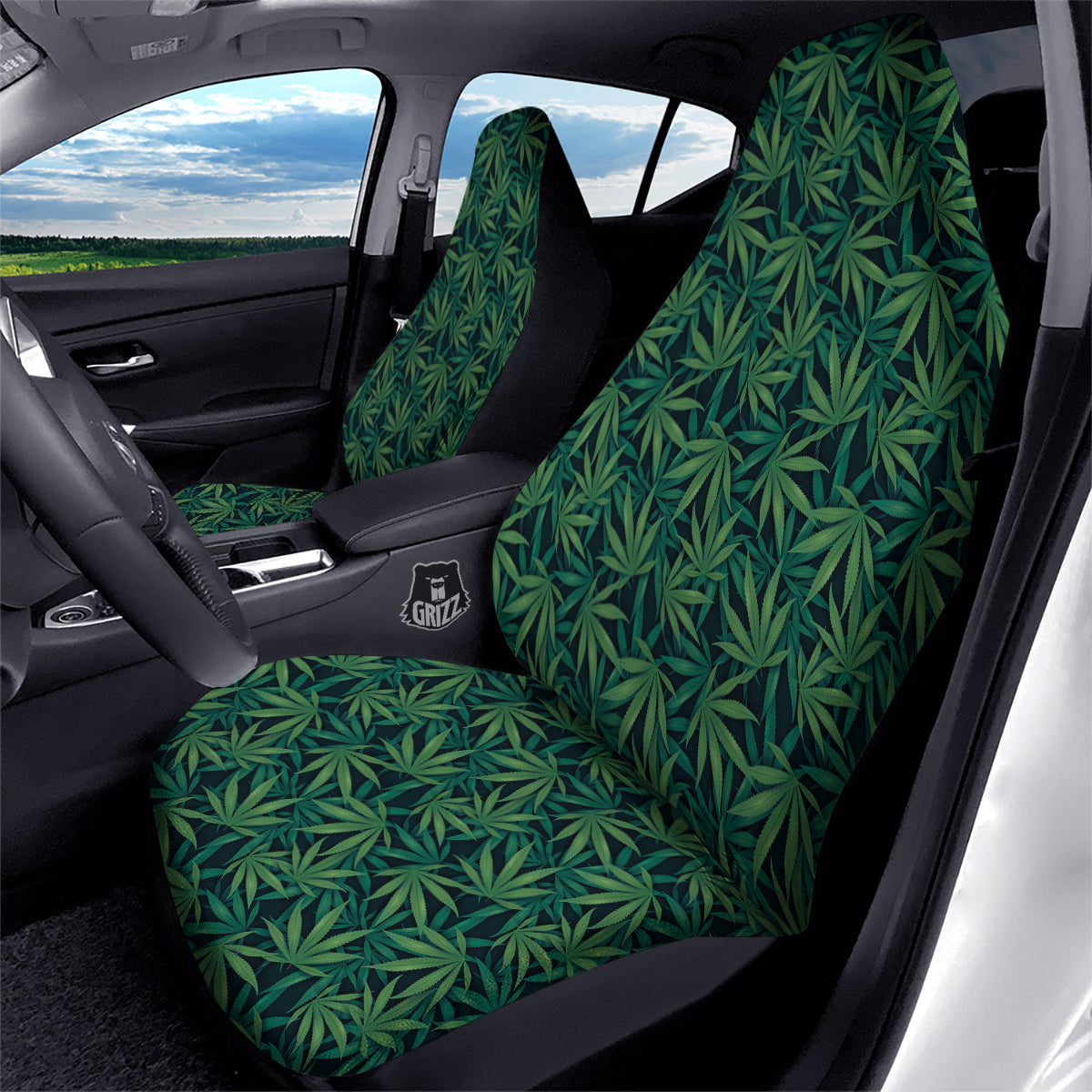Hemp Dark Green Print Pattern Car Seat Covers-grizzshop