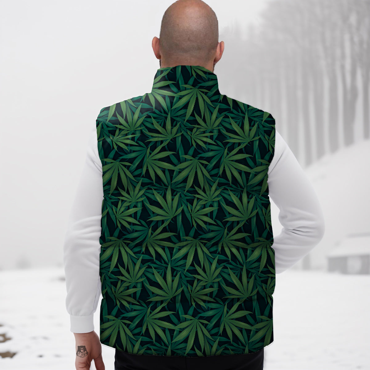 Hemp Dark Green Print Pattern Down Vest-grizzshop