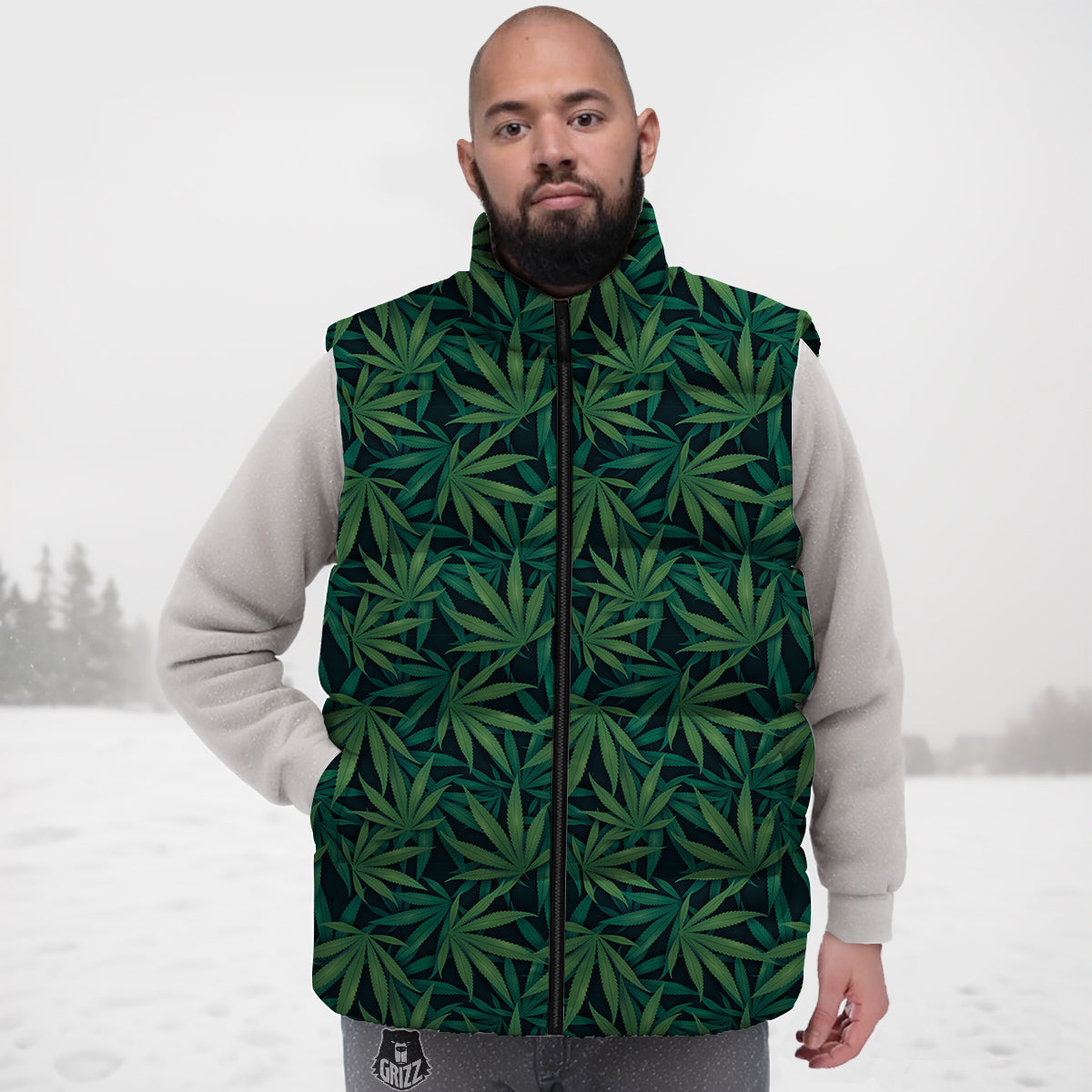 Hemp Dark Green Print Pattern Down Vest-grizzshop
