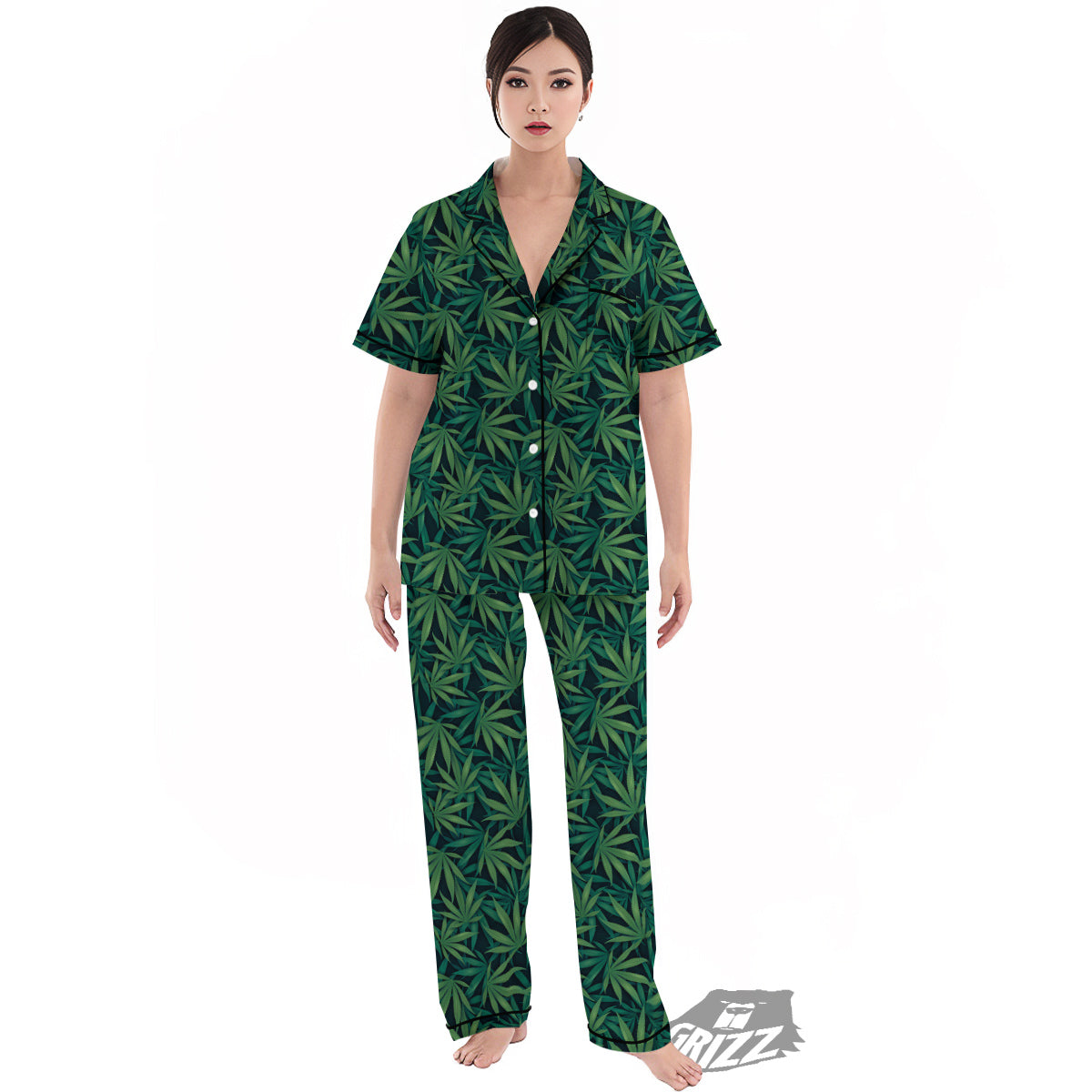 Hemp Dark Green Print Pattern Women's Pajamas Set-grizzshop