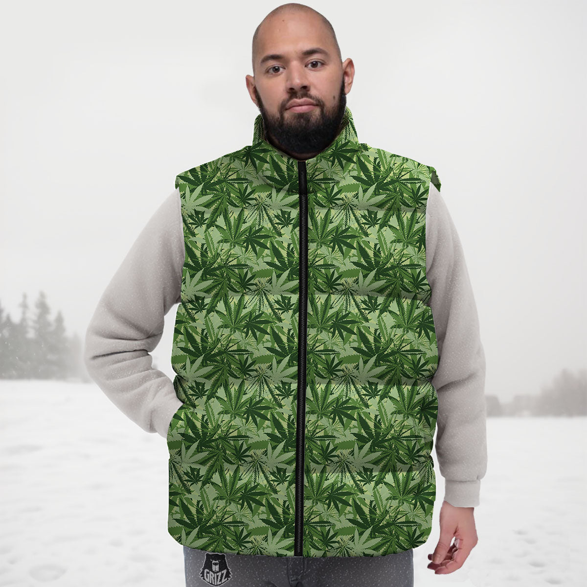 Hemp Leaf Print Pattern Down Vest