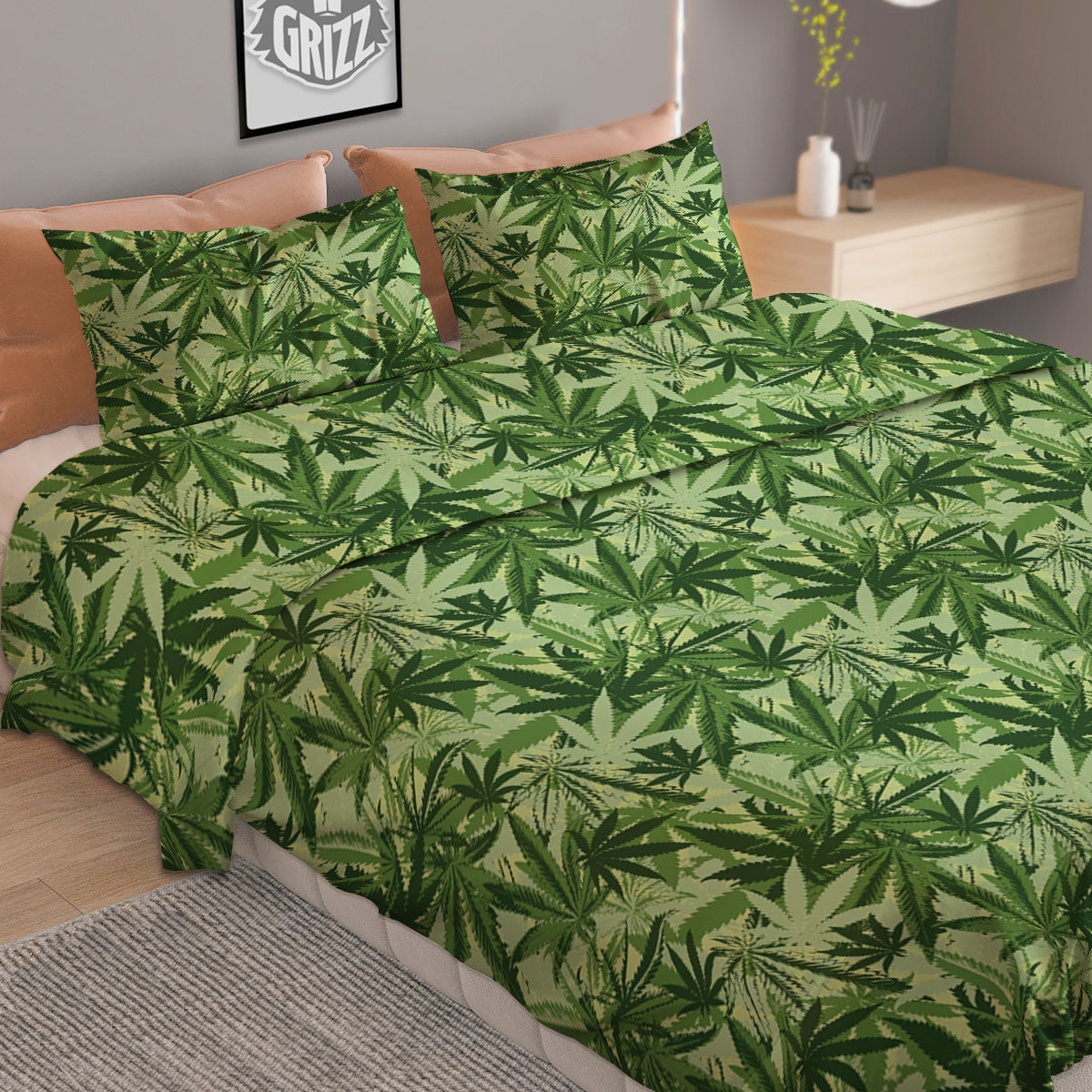 Hemp Leaf Print Pattern Duvet Cover Bedding Set