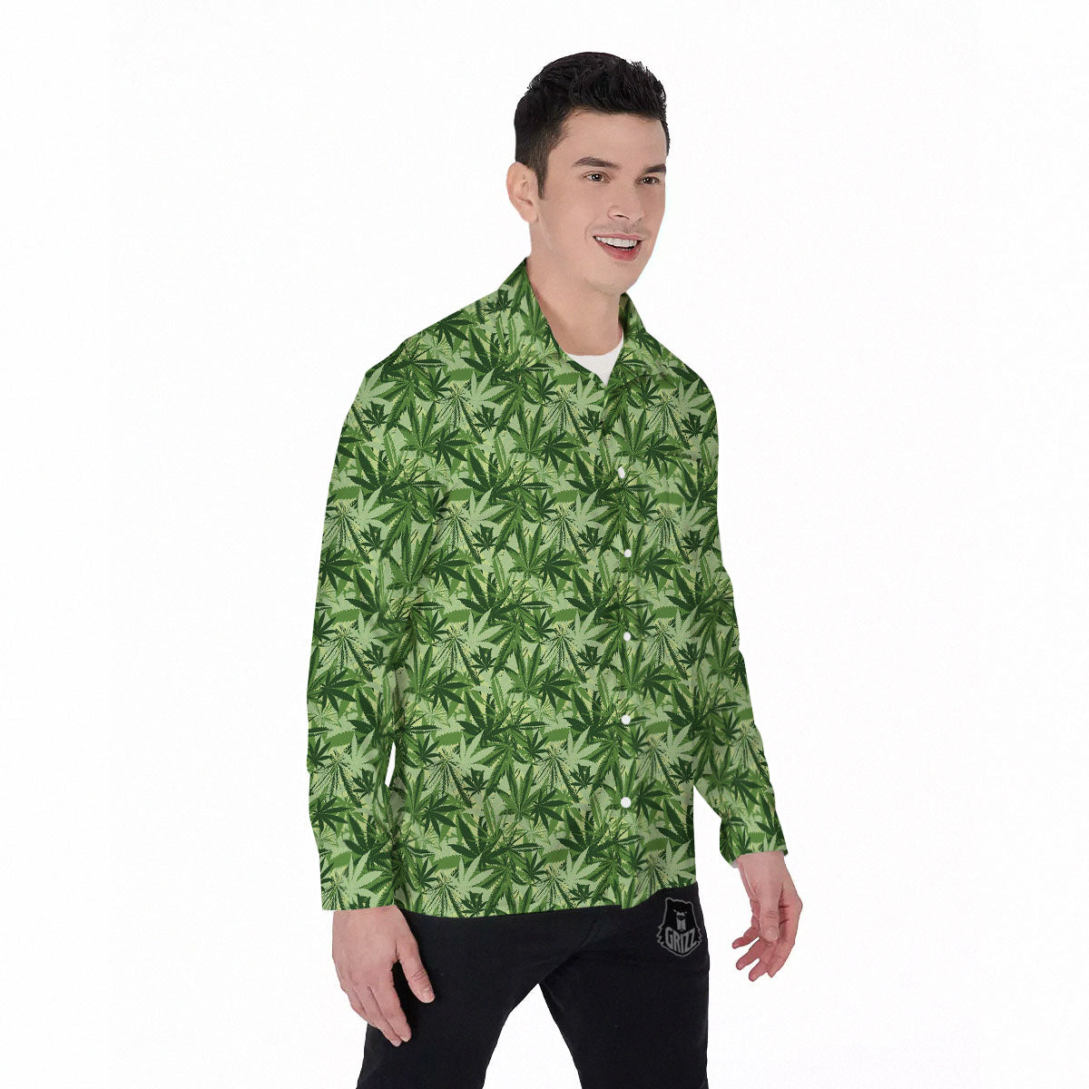 Hemp Leaf Print Pattern Men's Long Sleeve Shirts-grizzshop