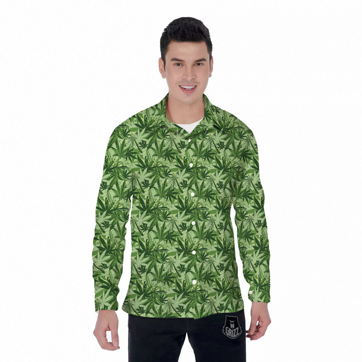 Hemp Leaf Print Pattern Men's Long Sleeve Shirts-grizzshop