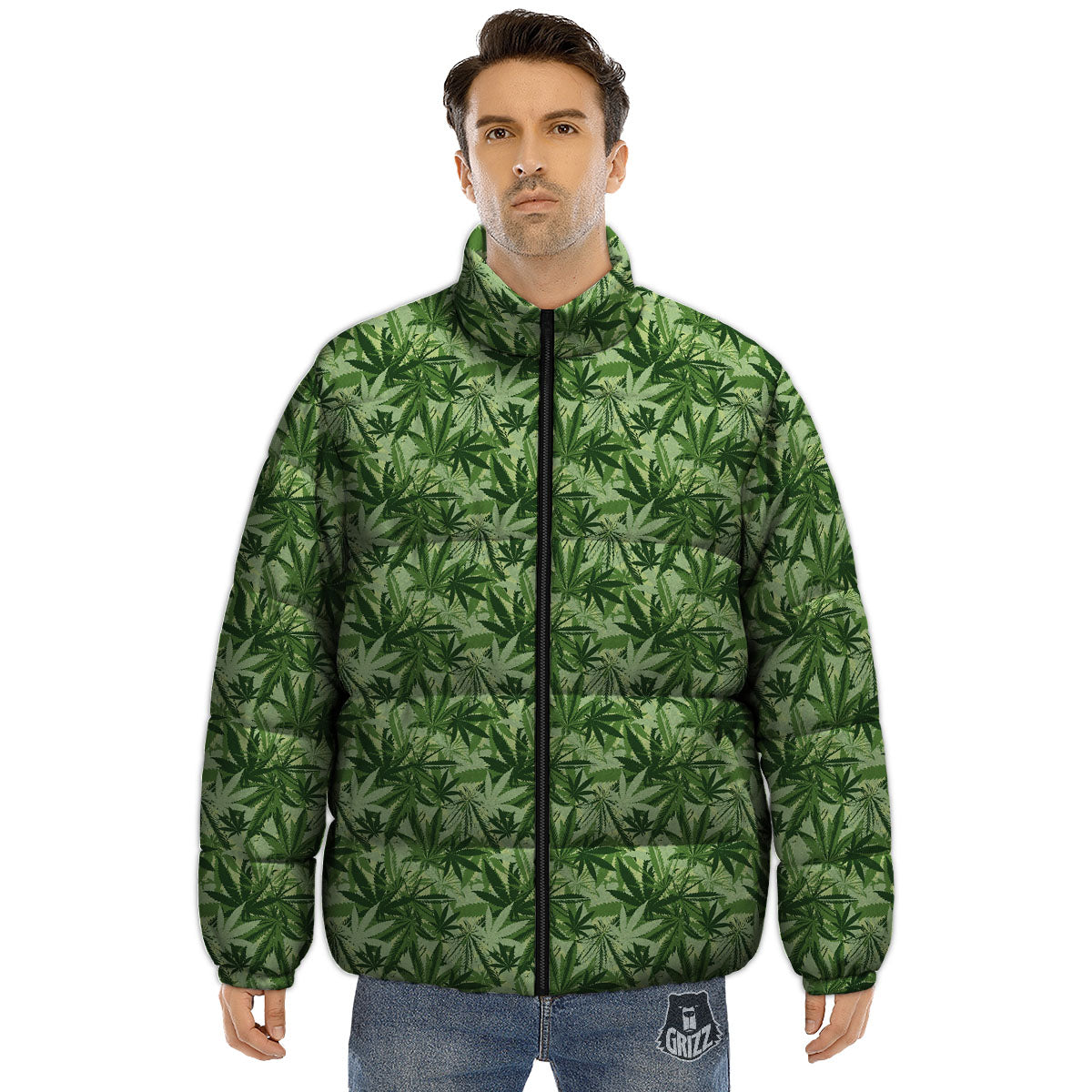 Hemp Leaf Print Pattern Puffer Jacket-grizzshop