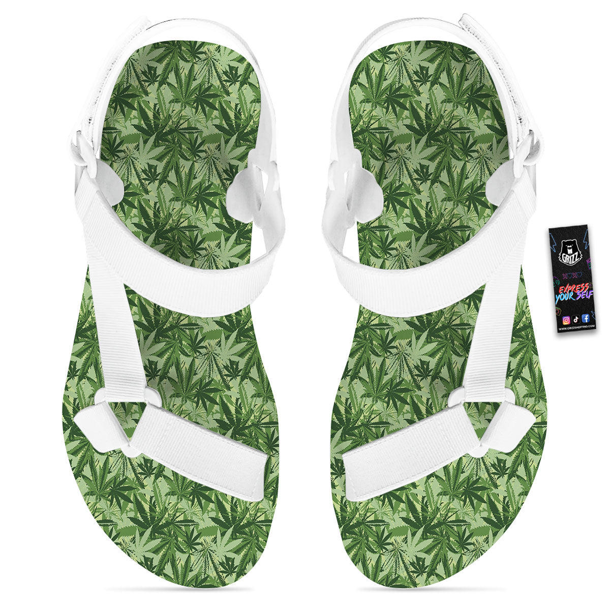 Hemp Leaf Print Pattern White Open Toe Sandals-grizzshop