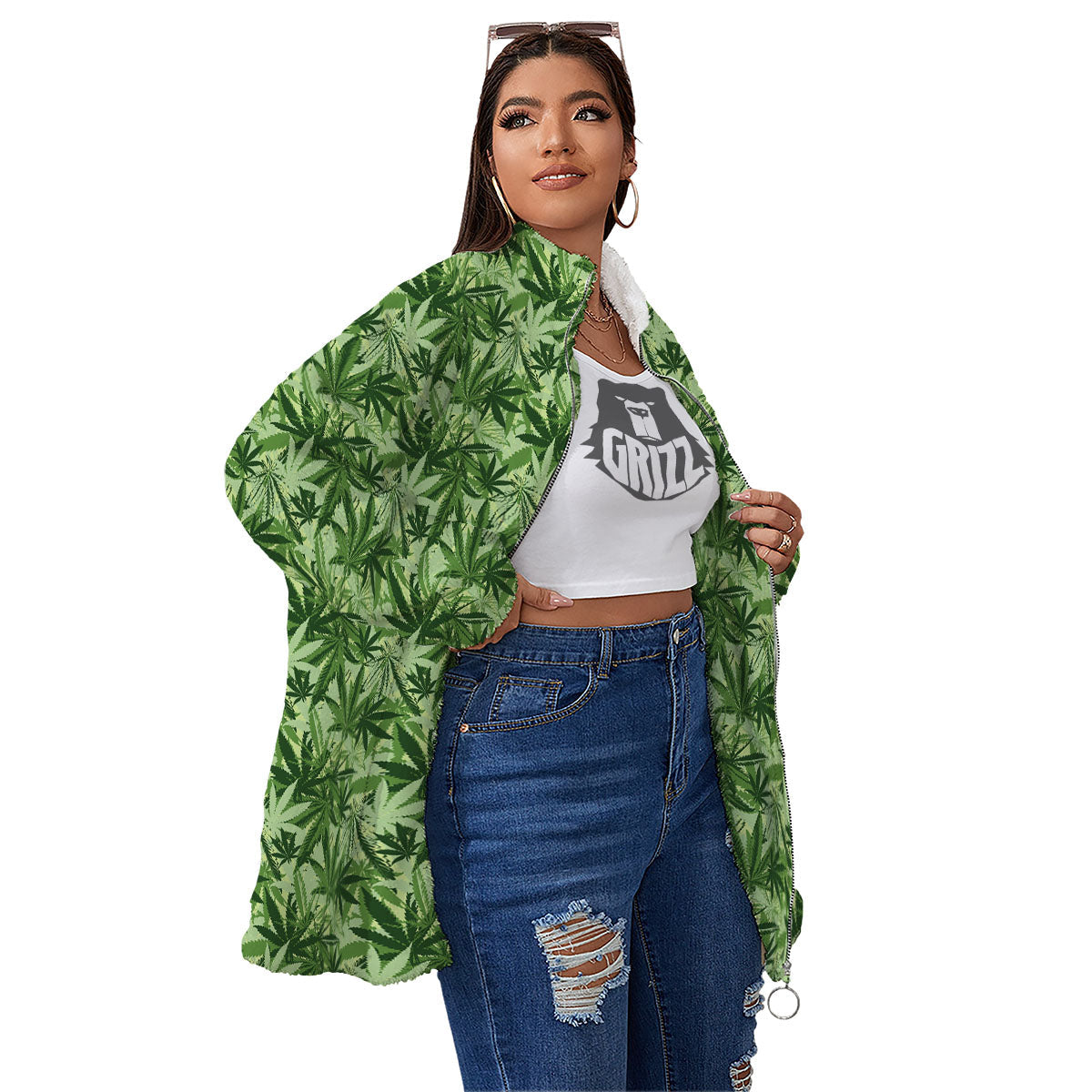 Hemp Leaf Print Pattern Women's Sherpa Jacket-grizzshop