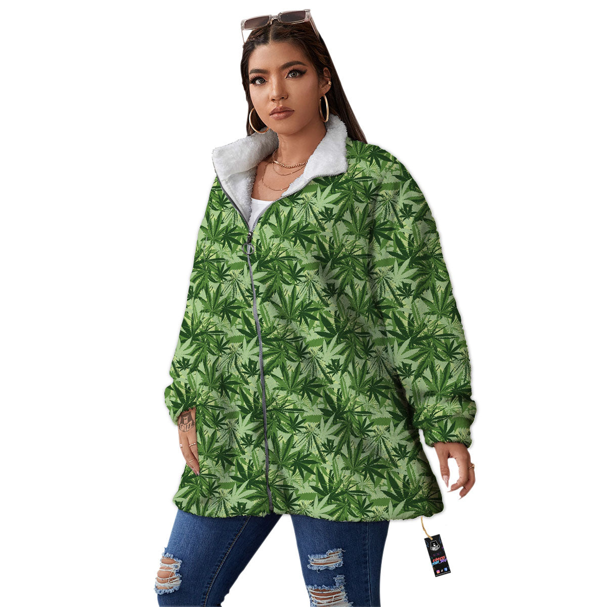 Hemp Leaf Print Pattern Women's Sherpa Jacket-grizzshop