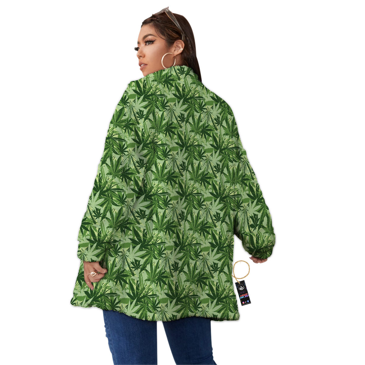 Hemp Leaf Print Pattern Women's Sherpa Jacket-grizzshop
