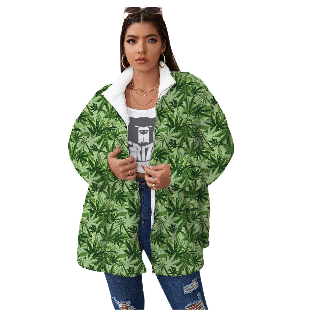 Hemp Leaf Print Pattern Women's Sherpa Jacket-grizzshop