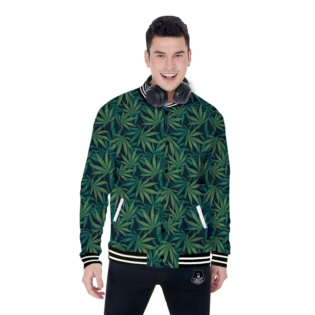 Hemp Leaves Green Print Pattern Baseball Jacket-grizzshop