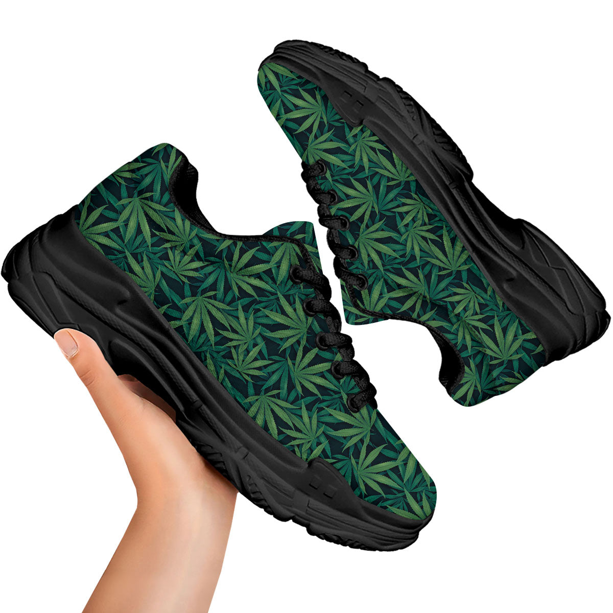 Hemp Leaves Green Print Pattern Black Chunky Shoes-grizzshop