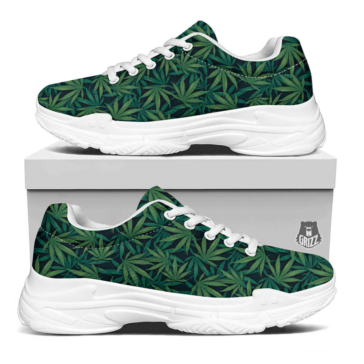 Hemp Leaves Green Print Pattern White Chunky Shoes-grizzshop