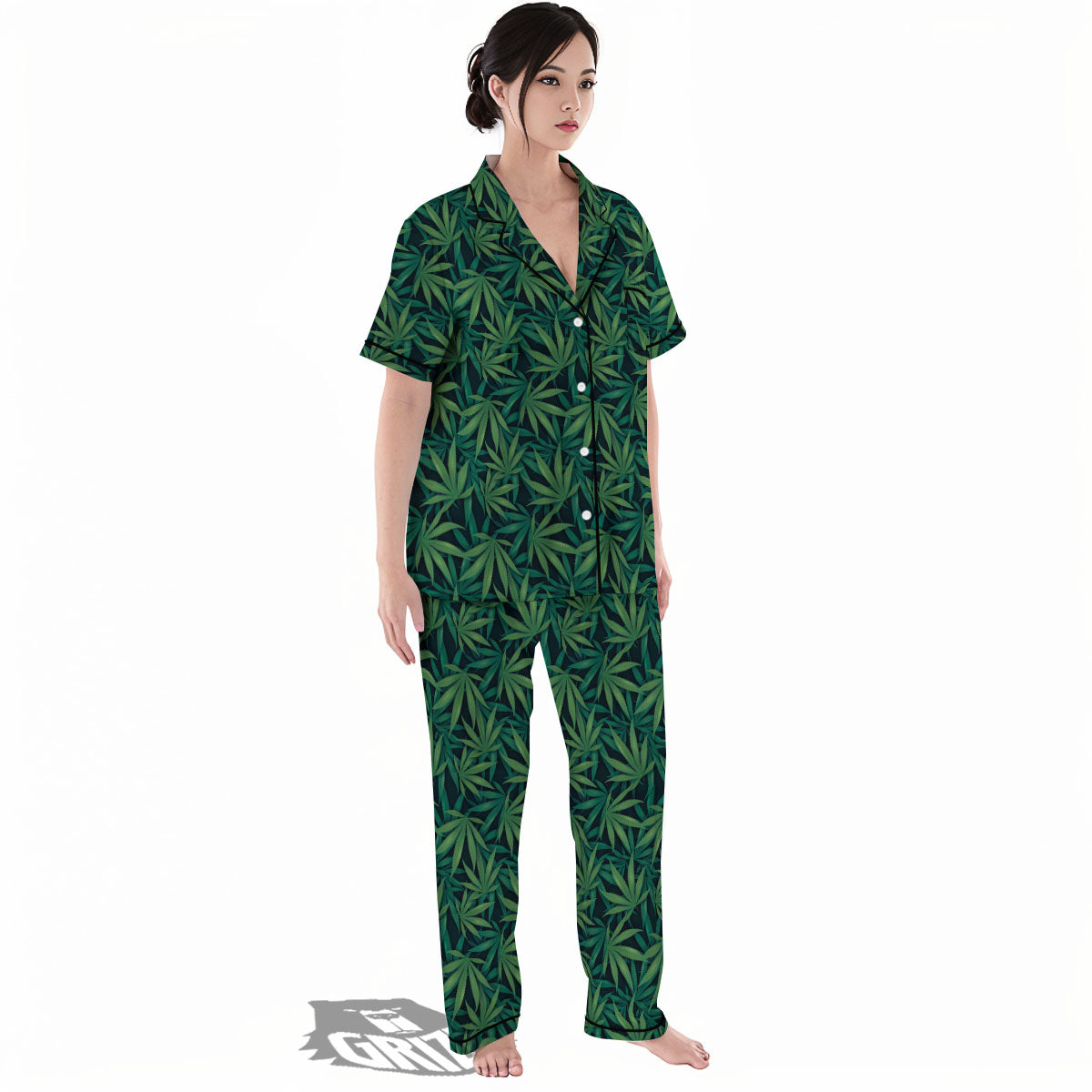 Hemp Leaves Green Print Pattern Women's Pajamas Set-grizzshop