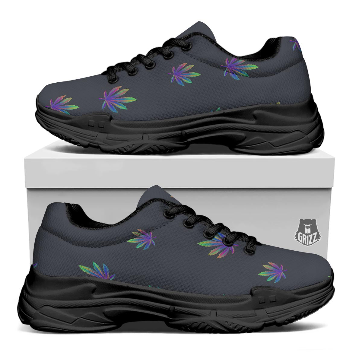 Hemp Leaves Reggae Trippy Print Pattern Black Chunky Shoes-grizzshop