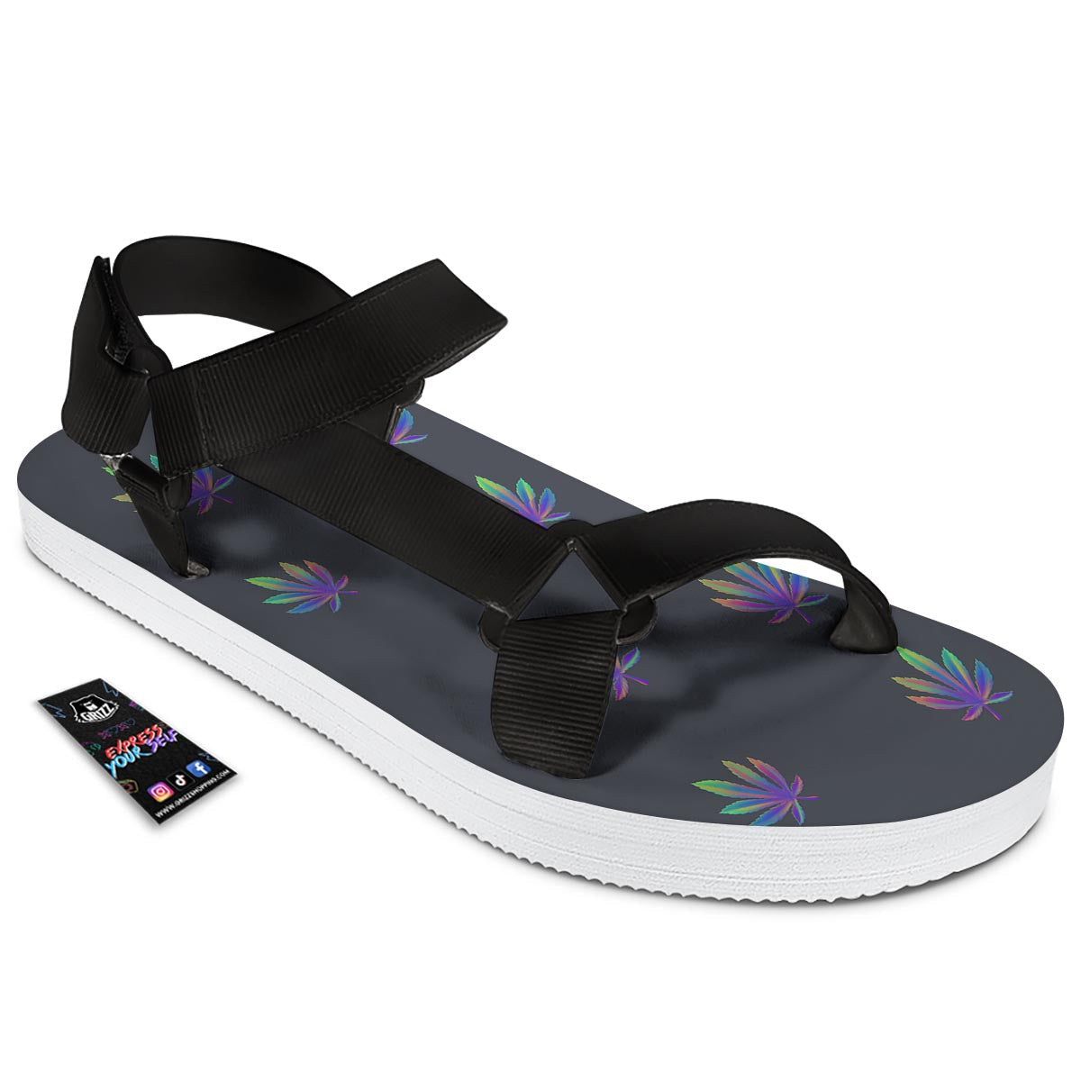 Hemp Leaves Reggae Trippy Print Pattern Black Open Toe Sandals-grizzshop