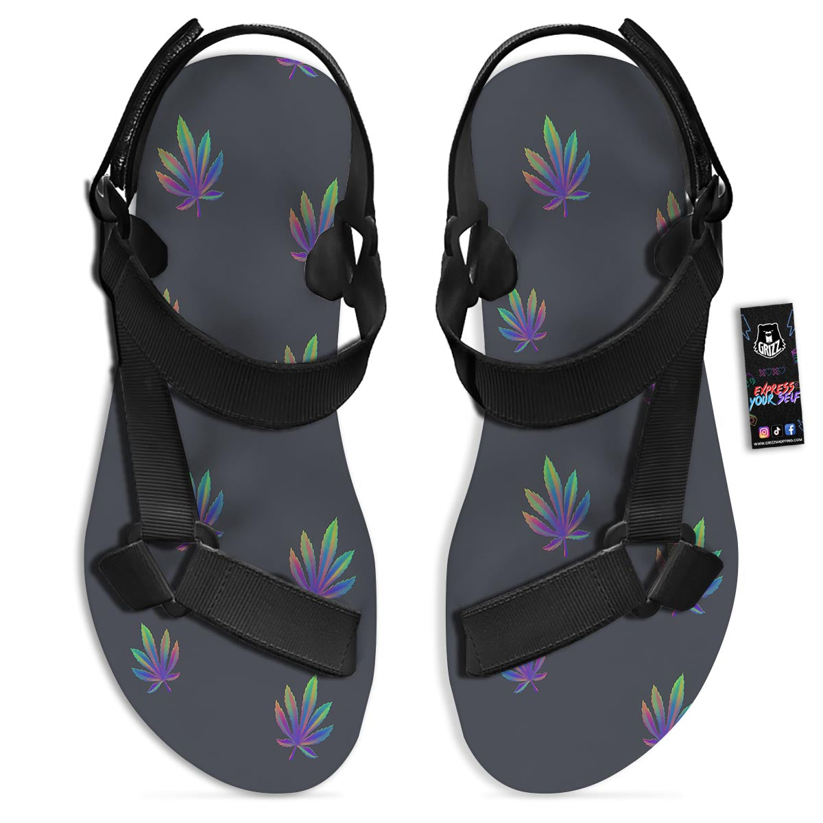 Hemp Leaves Reggae Trippy Print Pattern Black Open Toe Sandals-grizzshop